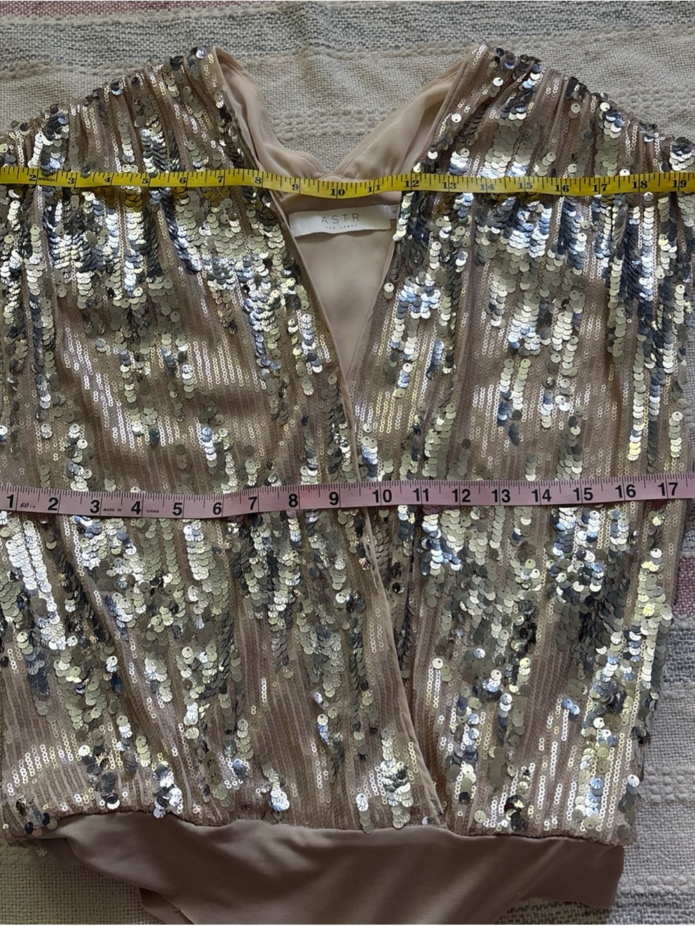 Astr Gold Sequin Nude-Base Plunging Bodysuit - Picture 4 of 10